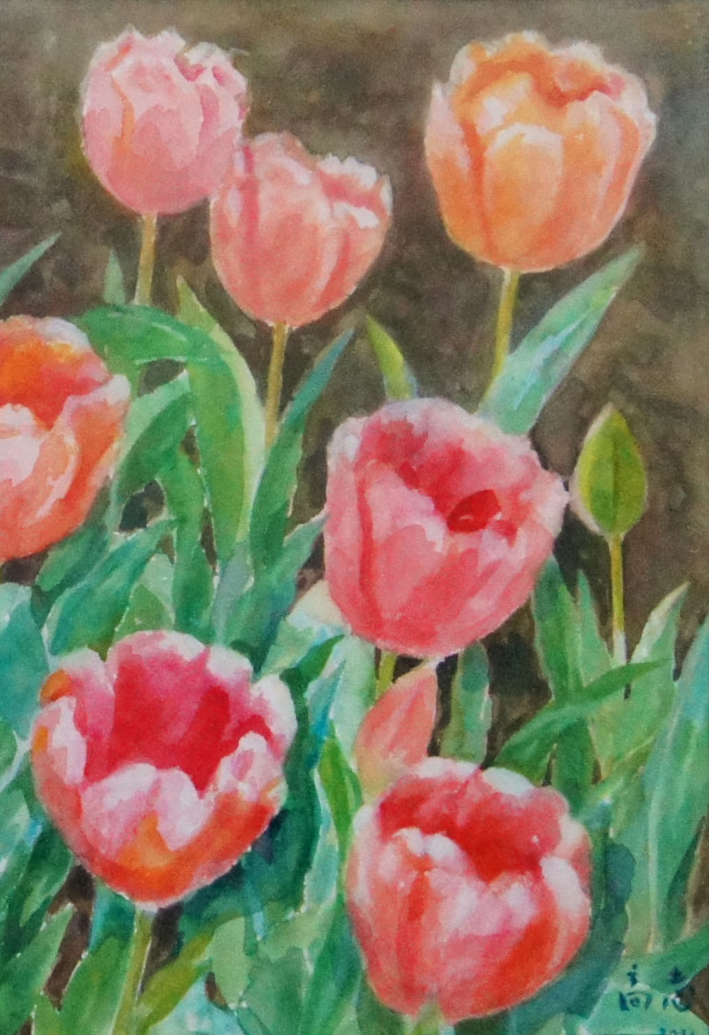 高志老师静物水彩画客厅装饰画作品《郁金香盛开》