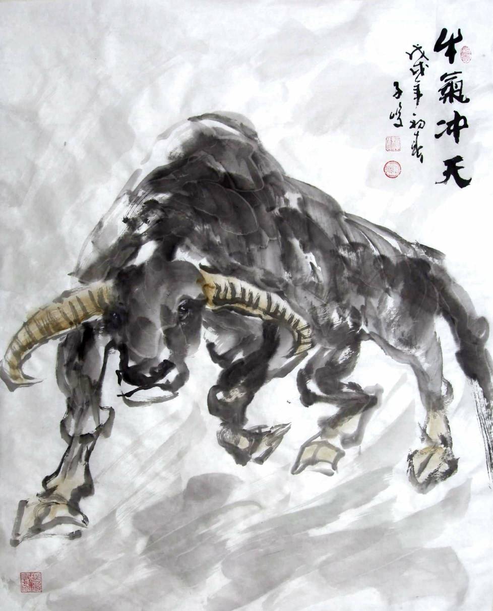 柳子峻动物画作品《牛气冲天》