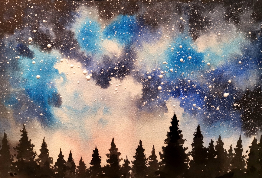 兰雪风景画作品《星空下的树林》