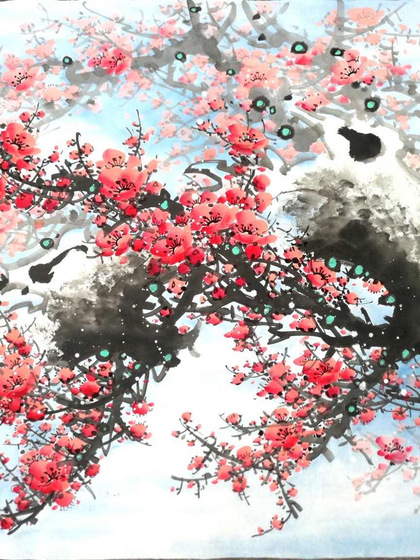 高晓林花鸟画作品《12平尺精品梅花一一红梅傲雪纳吉祥(1269)》