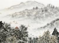 天津市美术家协会会员 贠世保山水画作品《春江渔乐》