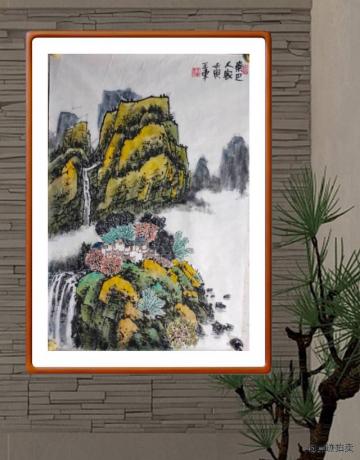 放漏精品青绿重彩山水玄关画宣纸画心