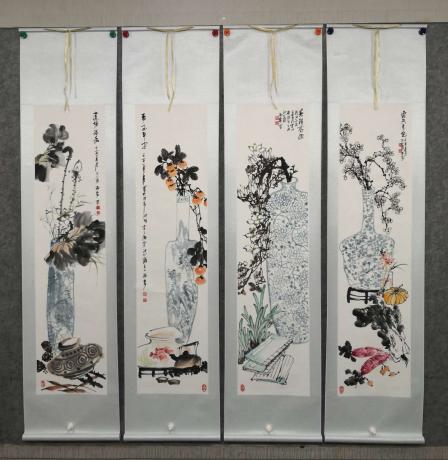 传统博古青花花鸟四联屏