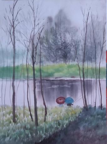水彩画垂钓