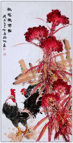 四尺中堂玄关画一一红冠报吉祥一一5112