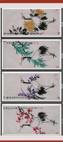 当代100强书画名家胡源智作品v梅兰竹菊仙鹤四条屏