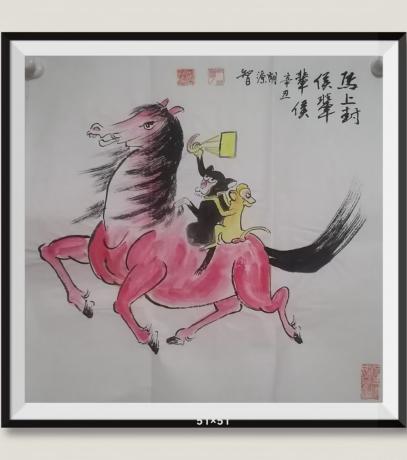 硃砂红画马上封侯辈辈候硃砂红能给人带来好运日进斗金八方来财当代100强书画书画名家胡源智作品