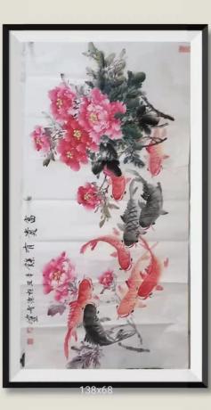 富贵有余九条鲤鱼九龙归海八方来财日进斗牡丹富贵好运连连当代100强书画名家胡源智
