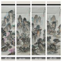 山水画四扇屏国家出邮栗八方来财日进斗金好运连连当代书画名家胡源智画